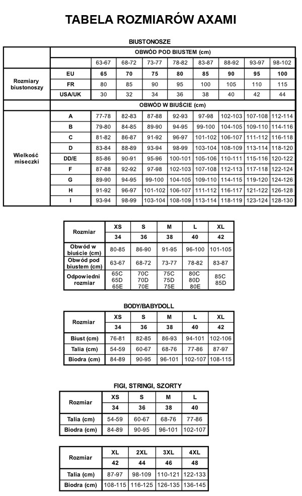 Axami - tabela rozmiarów