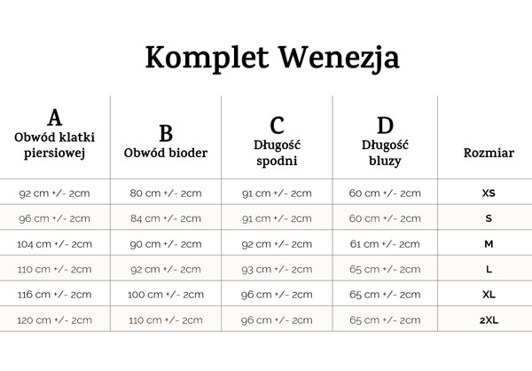 Tabela rozmiarów Dres Dkaren homewear Wenezja