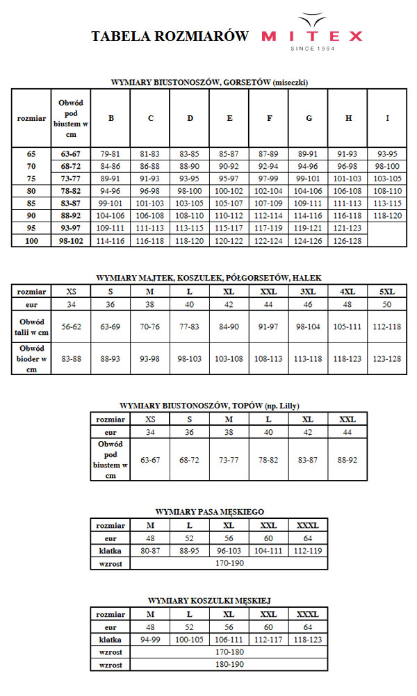 Mitex - Tabela rozmiarów
