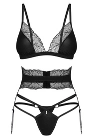 Obsessive Lobellis 3-pcs set Nocna komplet biustonosz + stringi + pas do pończoch, czarny