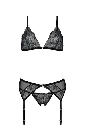 Passion Deliena set Nocna komplet biustonosz + stringi + pas do pończoch, black