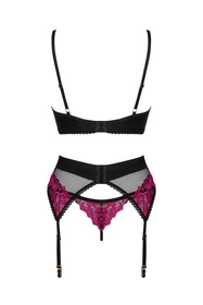Obsessive Rosenty 3-pcs set Nocna komplet biustonosz + stringi + pas do pończoch, czarny