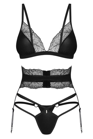 Obsessive Lobellis 3-pcs set Nocna komplet biustonosz + stringi + pas do pończoch, czarny