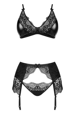 Beauty Night Obsidian Desire set BN6749 Nocna komplet biustonosz + stringi + pas do pończoch, black