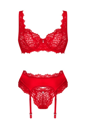 Obsessive Amor Cherris 3-pcs set Nocna komplet biustonosz + stringi + pas do pończoch, czerwony