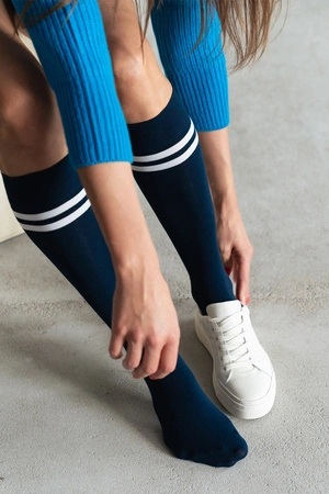 Steven 072 bawełniane z paskami Wyrób pończoszniczy podkolanówki, granatowy