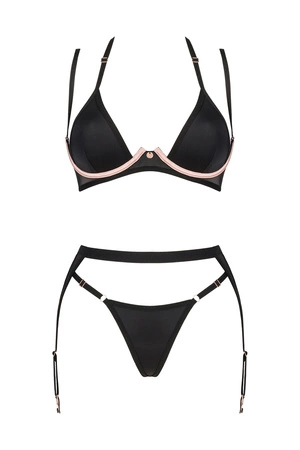 Obsessive Selinne 3-pcs set Nocna komplet biustonosz + stringi + pas do pończoch, czarny