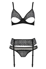 Passion Zinnia set Nocna komplet biustonosz + stringi + pas do pończoch, black