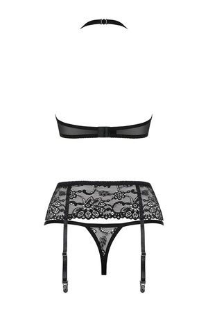 Obsessive 838-SEG-1 Nocna komplet biustonosz + stringi + pas do pończoch, czarny