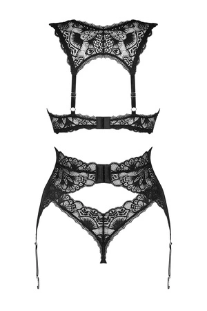 Obsessive Donna Dream 3-pcs set Nocna komplet biustonosz + stringi + pas do pończoch, czarny