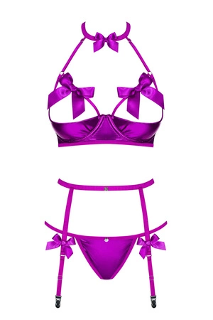 Obsessive Delishya 3-pcs set Nocna komplet biustonosz + stringi + pas do pończoch, fioletowy
