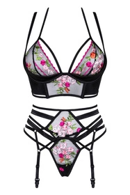 Beauty Night Joanna set BN6685 Nocna komplet biustonosz + stringi + pas do pończoch, black