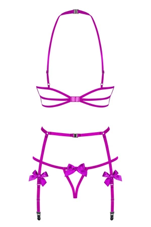 Obsessive Delishya 3-pcs set Nocna komplet biustonosz + stringi + pas do pończoch, fioletowy