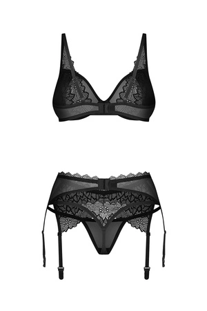 Obsessive Deina More 3-pcs set Nocna komplet biustonosz + stringi + pas do pończoch, black