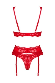 Obsessive Amor Cherris 3-pcs set Nocna komplet biustonosz + stringi + pas do pończoch, czerwony