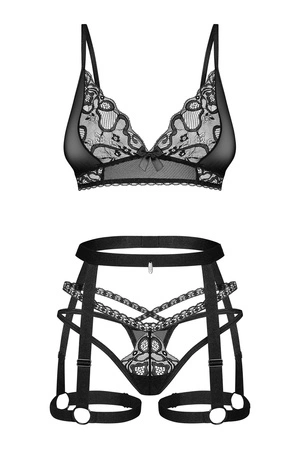 Obsessive Blomentis 3-pcs set Nocna komplet biustonosz + stringi + pas do pończoch, czarny