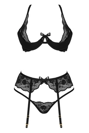 Beauty Night Rose set BN6721 Nocna komplet biustonosz + stringi + pas do pończoch, black