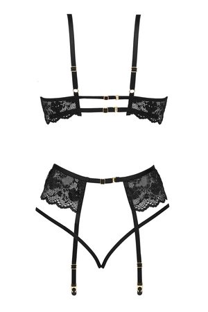 Beauty Night Rose set BN6721 Nocna komplet biustonosz + stringi + pas do pończoch, black