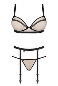 Obsessive Nudelia Noir 3-pcs set Nocna komplet biustonosz + stringi + pas do pończoch, beżowy