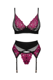 Obsessive Rosenty 3-pcs set Nocna komplet biustonosz + stringi + pas do pończoch, czarny