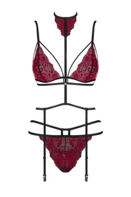 Obsessive Sugestina 3-pcs set Nocna komplet biustonosz + figi + pas do pończoch, bordowy