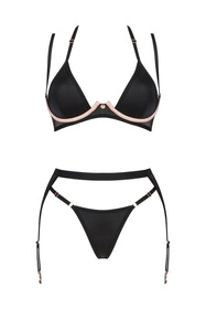 Obsessive Selinne 3-pcs set Nocna komplet biustonosz + stringi + pas do pończoch, czarny