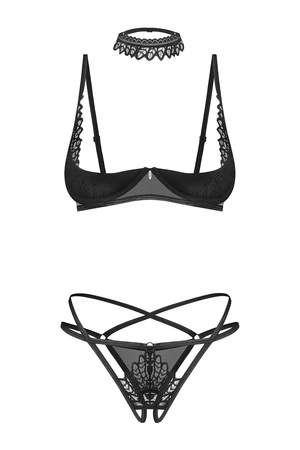 Obsessive Donarella 3-pcs set Nocna komplet półbiustonosz + stringi otwarte, black