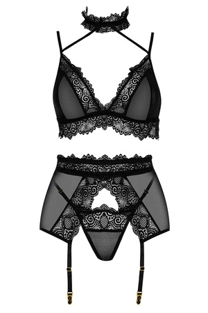 Beauty Night Velvet Sin set BN6761 Nocna komplet biustonosz + stringi + pas do pończoch, black