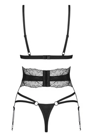 Obsessive Lobellis 3-pcs set Nocna komplet biustonosz + stringi + pas do pończoch, czarny