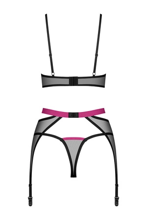 Obsessive Novenes 3-pcs set Nocna komplet biustonosz + stringi + pas do pończoch, black