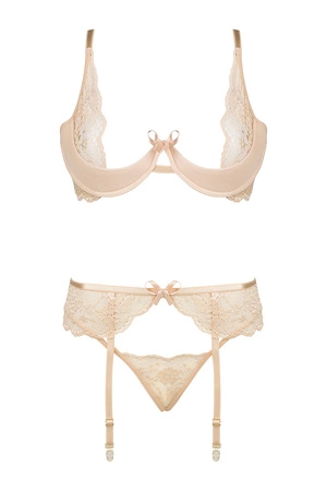 Beauty Night Rose set BN6725 Nocna komplet biustonosz + stringi + pas do pończoch, nude