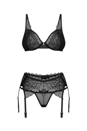 Obsessive Deina More 3-pcs set Nocna komplet biustonosz + stringi + pas do pończoch, black