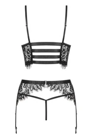 Obsessive Lashy set Nocna komplet biustonosz + stringi + pas do pończoch, czarny