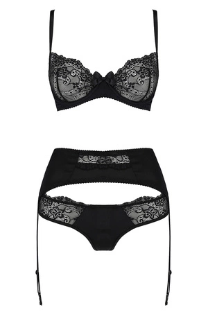 Avanua Aya set Nocna komplet biustonosz + figi + pas do pończoch, black