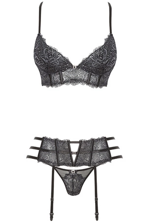 Beauty Night Ileen set BN6536 Nocna komplet biustonosz + stringi + pas do pończoch, black