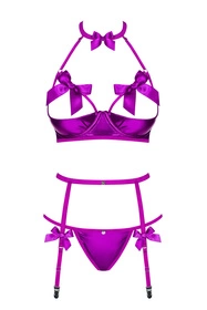 Obsessive Delishya 3-pcs set Nocna komplet biustonosz + stringi + pas do pończoch, fioletowy