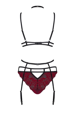 Obsessive Sugestina 3-pcs set Nocna komplet biustonosz + figi + pas do pończoch, bordowy