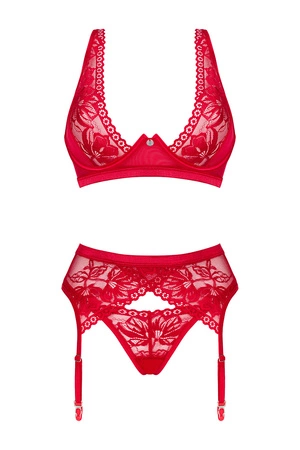 Obsessive Lacelove 3-pcs set Nocna komplet biustonosz + stringi + pas do pończoch, czerwony