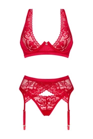 Obsessive Lacelove 3-pcs set Nocna komplet biustonosz + stringi + pas do pończoch, czerwony