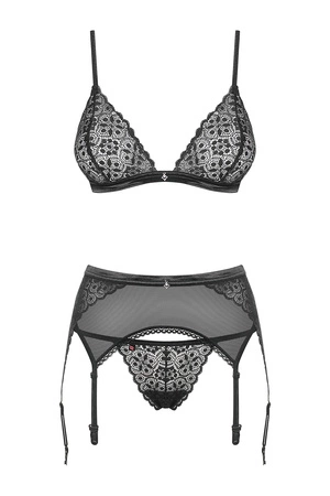 Obsessive Shibu Set Nocna komplet biustonosz + stringi + pas do pończoch, czarny
