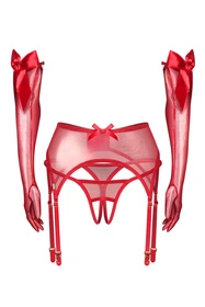 Obsessive Gifty Red 3-pcs set Nocna komplet rękawiczki + stringi + pas do pończoch, red
