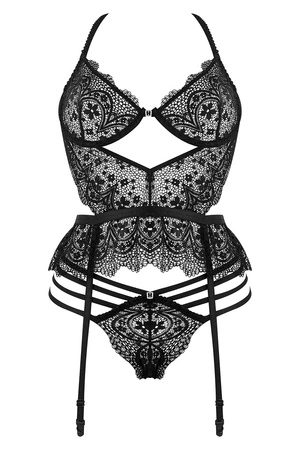Beauty Night Lace Temptation BN6746 Nocna komplet biustonosz + stringi + pas do pończoch, black