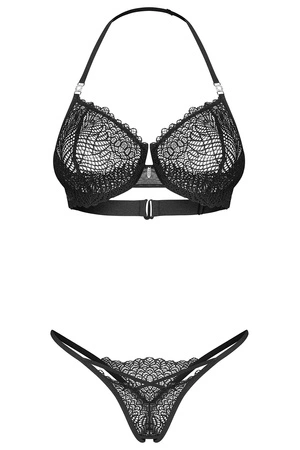Obsessive Iliosa 2-pcs crotchless set Nocna komplet biustonosz + stringi, czarny