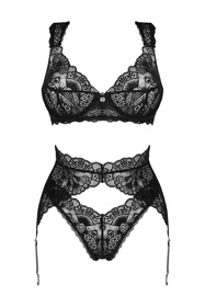 Obsessive Donna Dream 3-pcs set Nocna komplet biustonosz + stringi + pas do pończoch, czarny