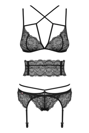 Obsessive Frivolla set Nocna komplet biustonosz + stringi + pas do pończoch, czarny