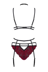 Obsessive Sugestina 3-pcs set Nocna komplet biustonosz + figi + pas do pończoch, bordowy