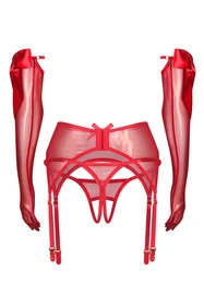 Obsessive Gifty Red 3-pcs set Nocna komplet rękawiczki + stringi + pas do pończoch, red