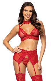 Beauty Night Velvet Sin set BN6762 Nocna komplet biustonosz + stringi + pas do pończoch, cherry