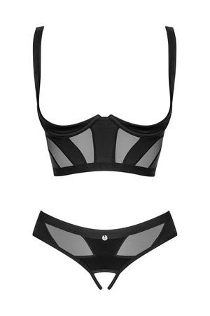 Obsessive Chic Amoria 2-pcs crotchless set Nocna komplet półbiustonosz + stringi otwarte, czarny
