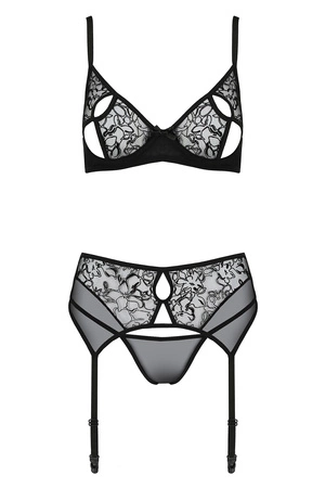 Passion Primula set Nocna komplet biustonosz + stringi + pas do pończoch, black